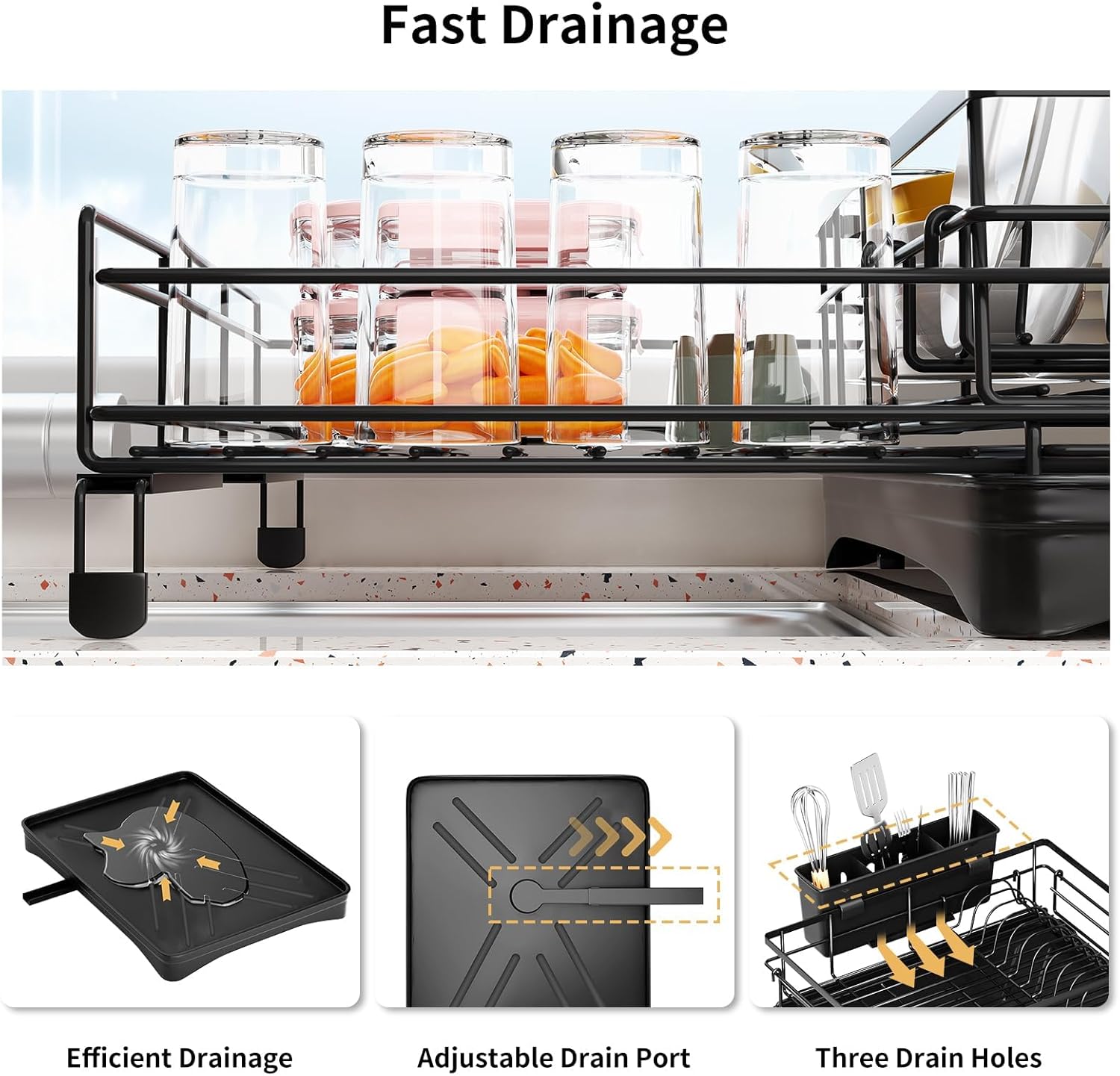 CARLA HOME Expandable Dish Drying Rack with Drainage Spout, Utensil Holder & Drainboardfor Kitchen Countertop V178-36265