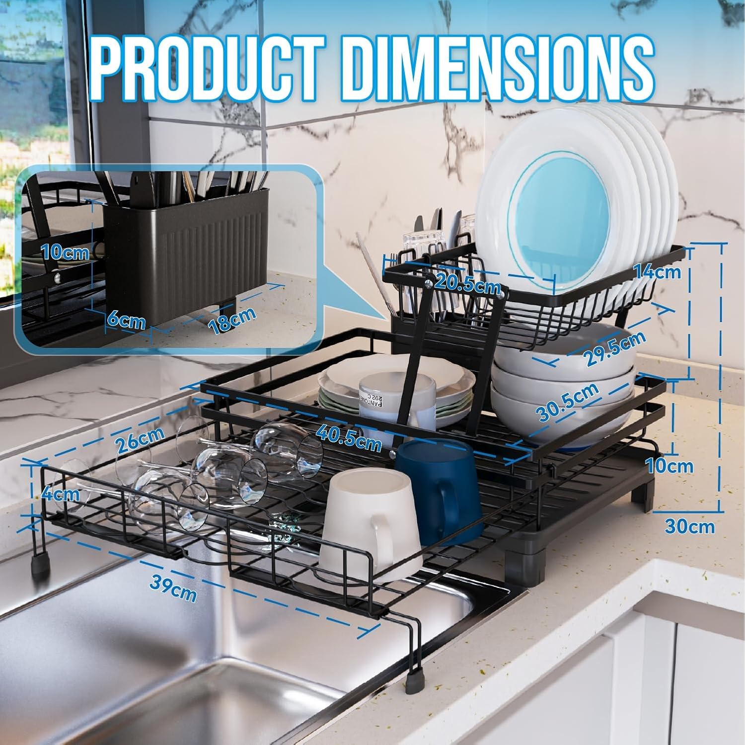 CARLA HOME Expandable Dish Drying Rack with Drainage Spout, Utensil Holder & Drainboardfor Kitchen Countertop V178-36265