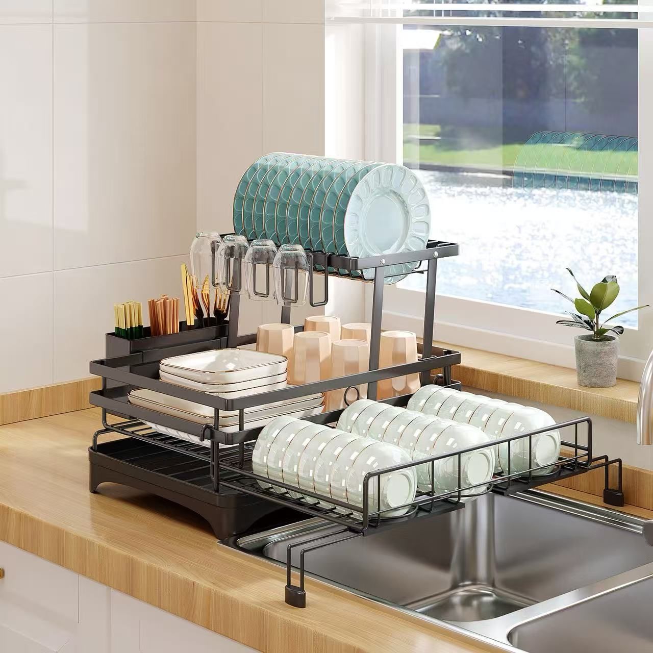CARLA HOME Expandable Dish Drying Rack with Drainage Spout, Utensil Holder & Drainboardfor Kitchen Countertop V178-36265