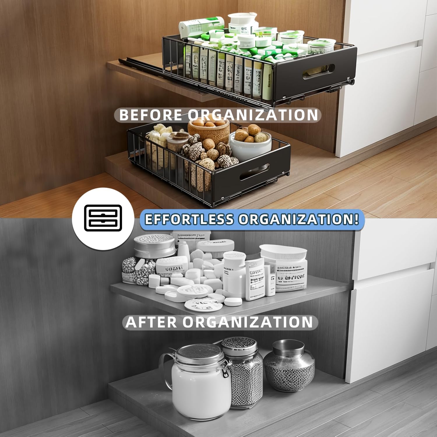 CARLA HOME 2 Pack Pullout Cabinet Kitchen Organizer Drawers with No-Drilling and Adhesive Design for Pantry & V178-36266