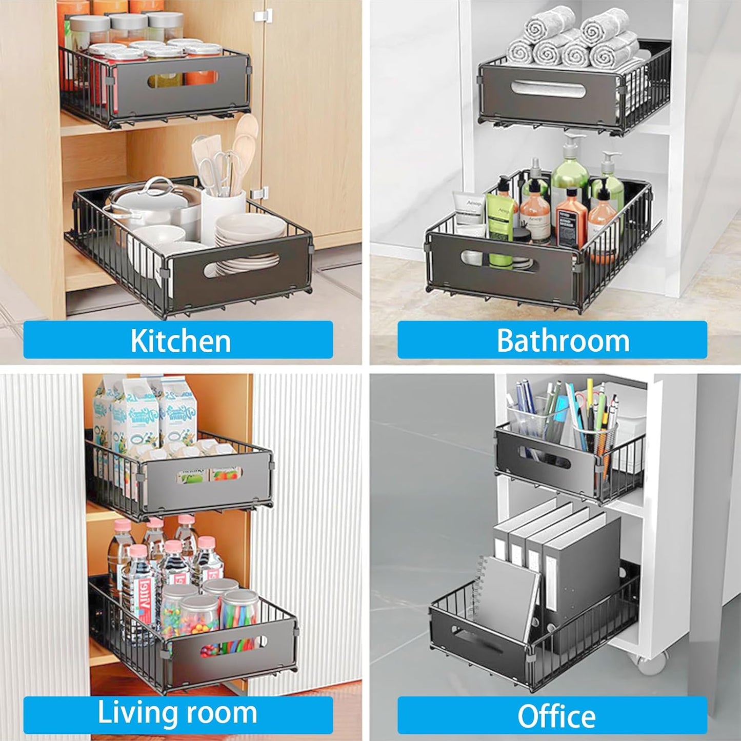 CARLA HOME 2 Pack Pullout Cabinet Kitchen Organizer Drawers with No-Drilling and Adhesive Design for Pantry & V178-36266