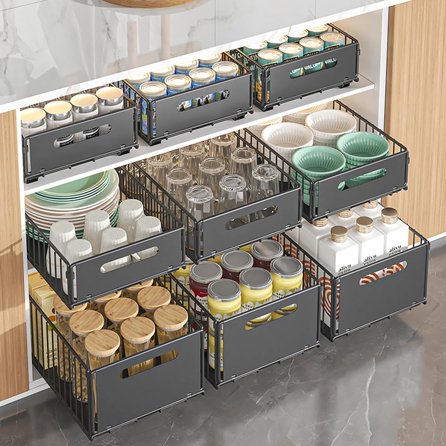 CARLA HOME 2 Pack Pullout Cabinet Kitchen Organizer Drawers with No-Drilling and Adhesive Design for Pantry & V178-36266