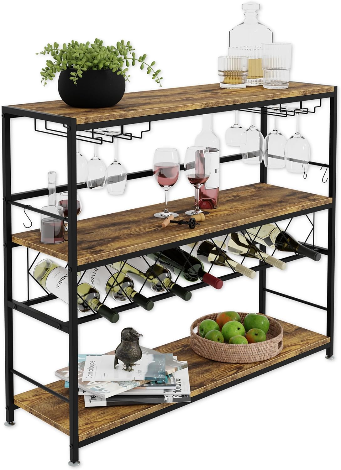 CARLA HOME Large Wine Rack with Glass Holder, Metal Designed Bottle Holder and Wood Countertop for Wine & V178-36267