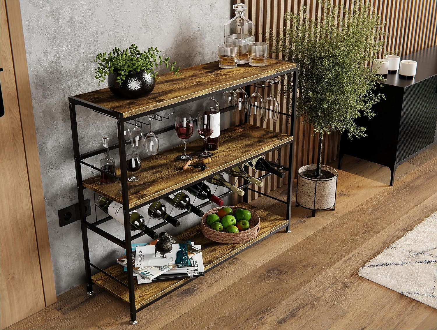CARLA HOME Large Wine Rack with Glass Holder, Metal Designed Bottle Holder and Wood Countertop for Wine & V178-36267