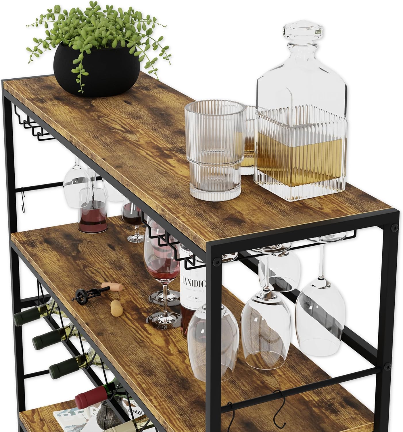 CARLA HOME Large Wine Rack with Glass Holder, Metal Designed Bottle Holder and Wood Countertop for Wine & V178-36267