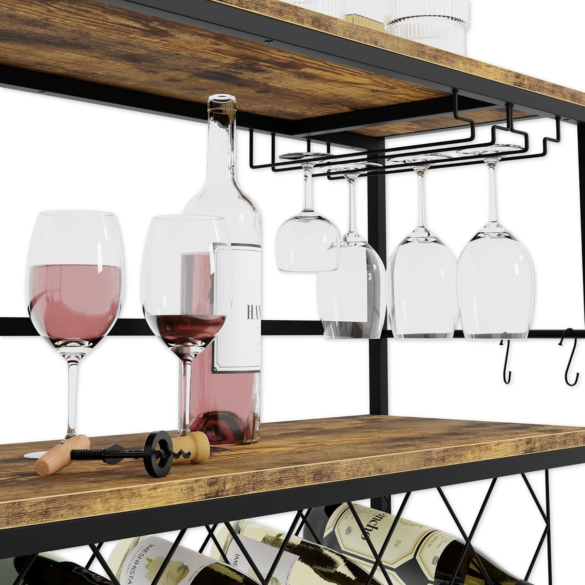 CARLA HOME Large Wine Rack with Glass Holder, Metal Designed Bottle Holder and Wood Countertop for Wine & V178-36267