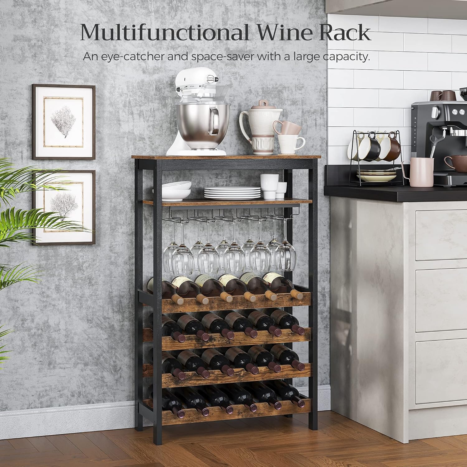 CARLA HOME Large Wine Rack with Glass Holder, Metal Designed Bottle Holder and Wood Countertop up to Wine & V178-36268
