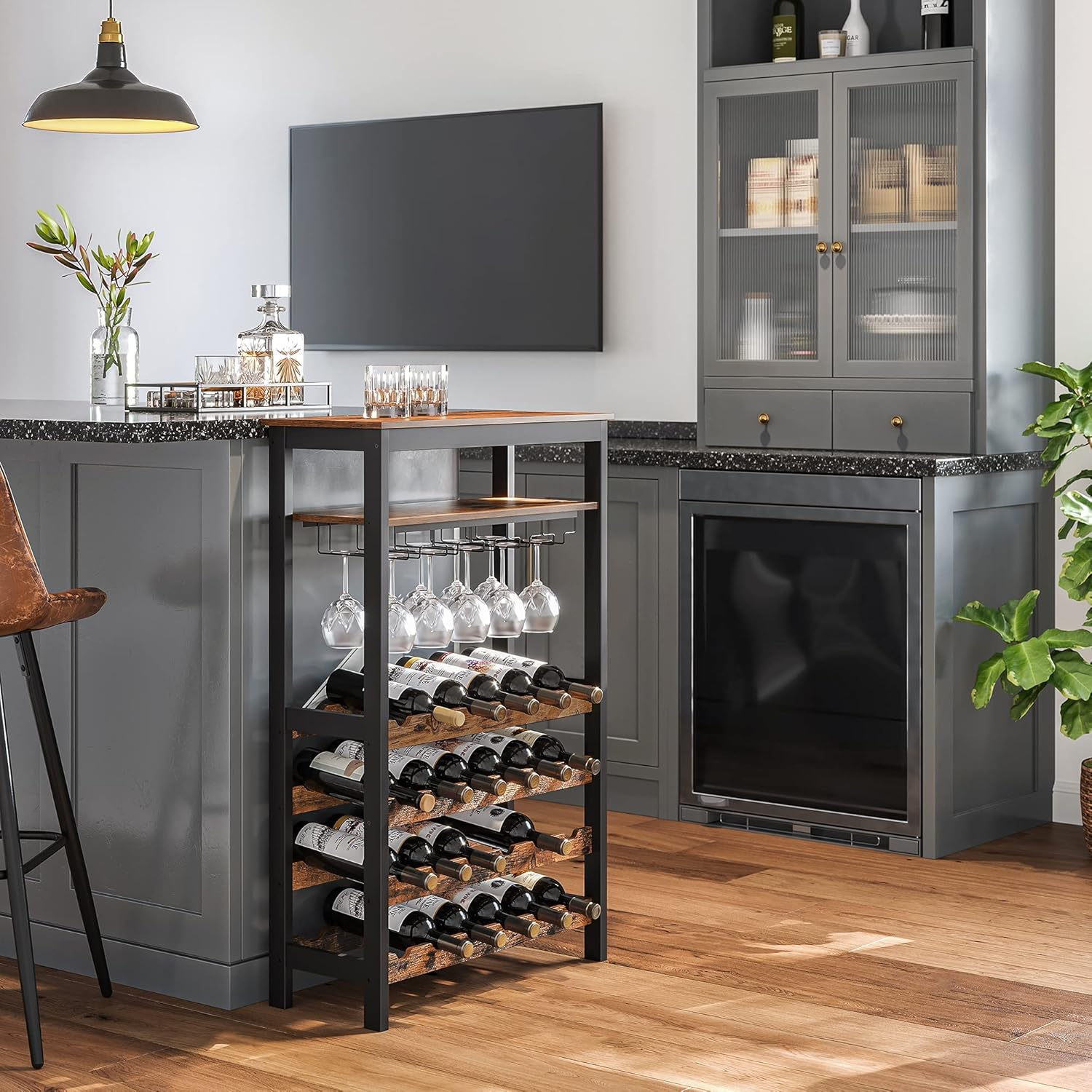 CARLA HOME Large Wine Rack with Glass Holder, Metal Designed Bottle Holder and Wood Countertop up to Wine & V178-36268