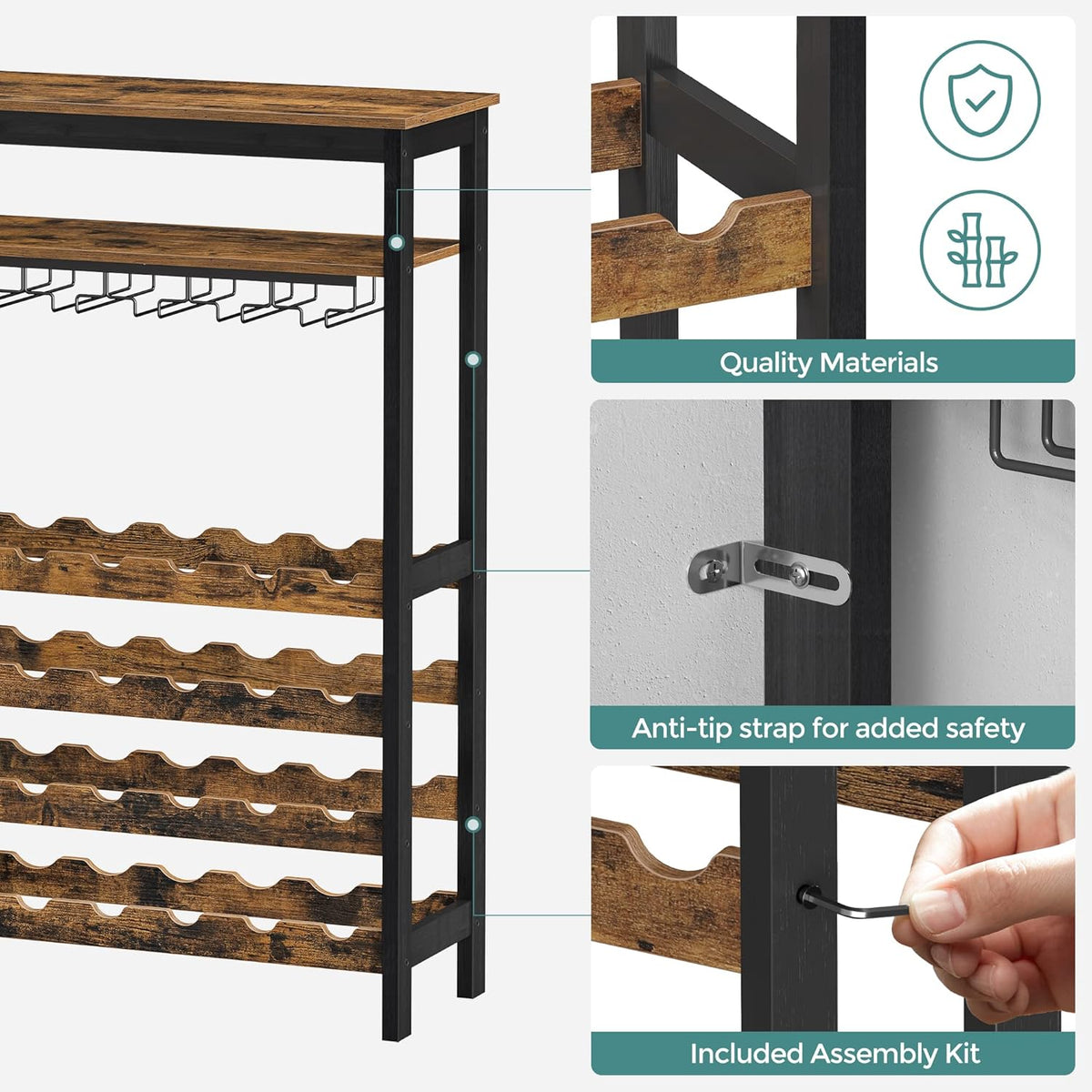 CARLA HOME Large Wine Rack with Glass Holder, Metal Designed Bottle Holder and Wood Countertop up to Wine & V178-36268