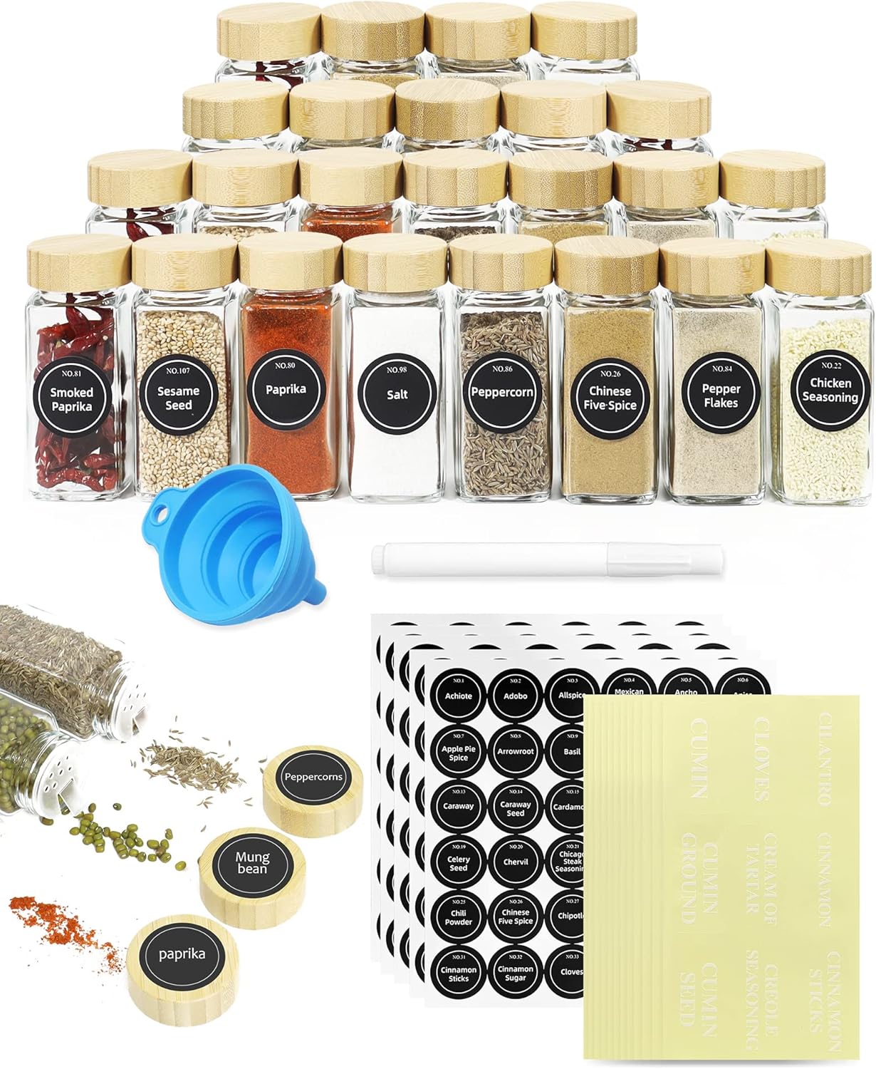 CARLA HOME 24 Glass Spice Jars with Bamboo Lids, Shaker Tops, 180 Spice Labels, White Pen & Funnel for V178-36269