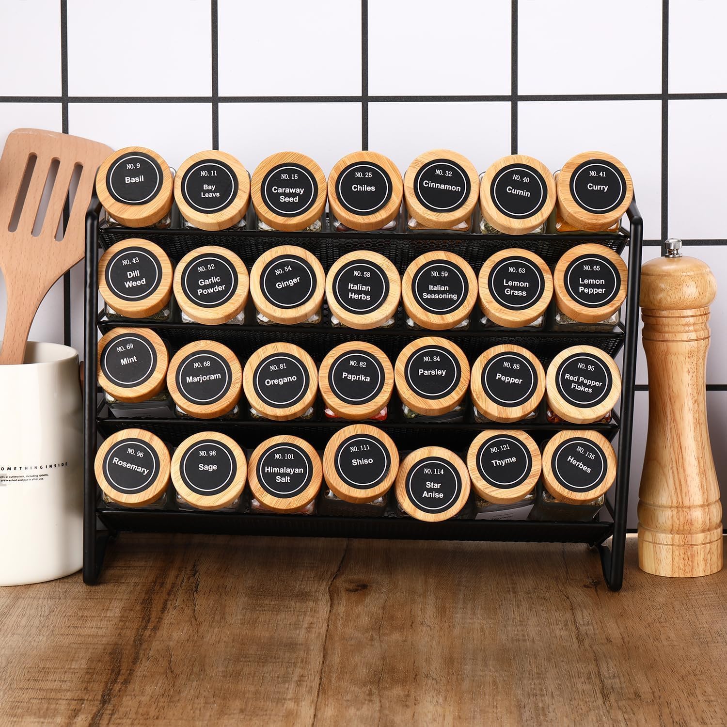CARLA HOME 24 Glass Spice Jars with Bamboo Lids, Shaker Tops, 180 Spice Labels, White Pen & Funnel for V178-36269