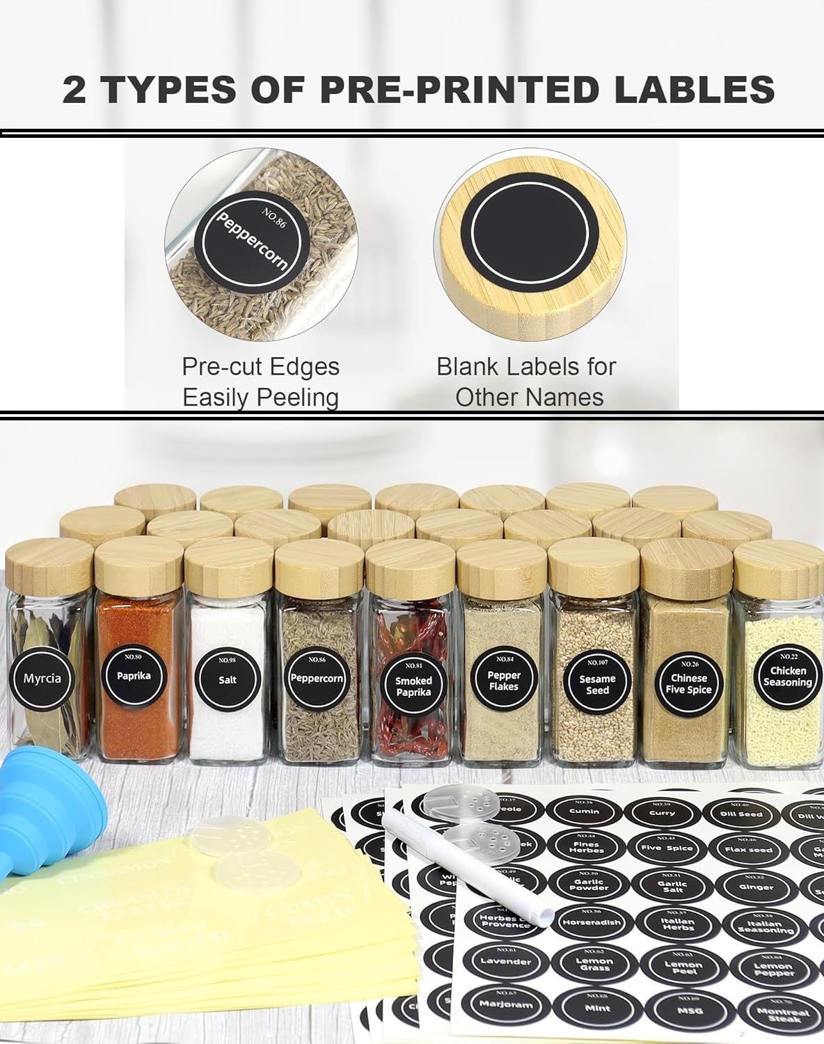 CARLA HOME 24 Glass Spice Jars with Bamboo Lids, Shaker Tops, 180 Spice Labels, White Pen & Funnel for V178-36269