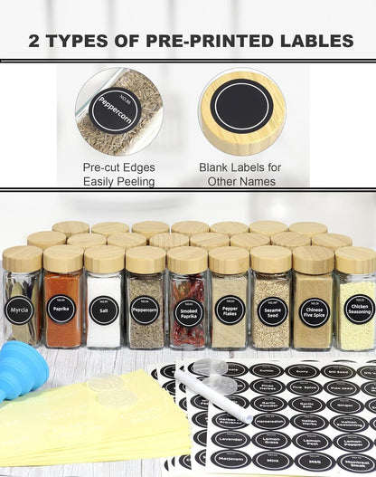 CARLA HOME 24 Glass Spice Jars with Bamboo Lids, Shaker Tops, 180 Spice Labels, White Pen & Funnel for V178-36269