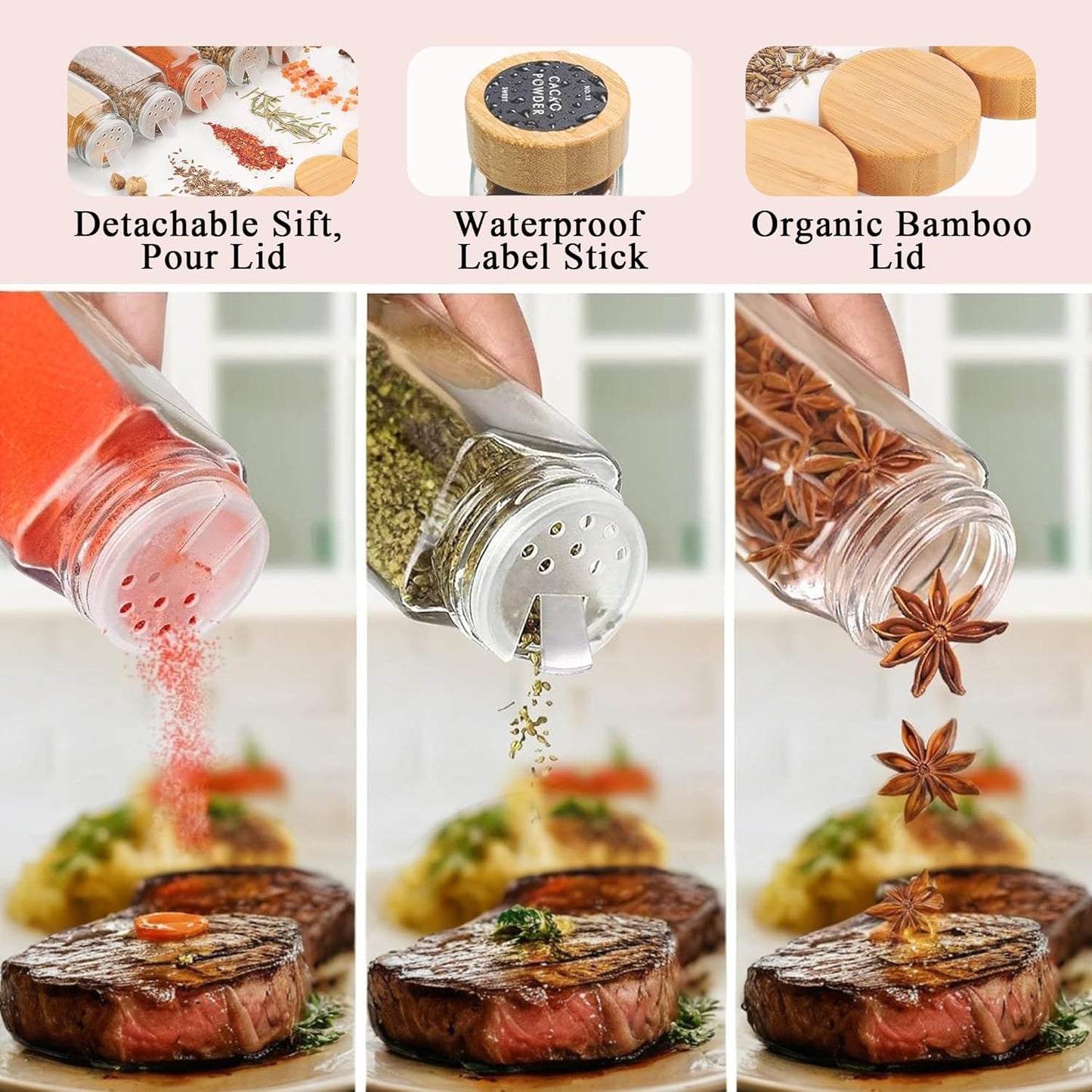 CARLA HOME 24 Glass Spice Jars with Bamboo Lids, Shaker Tops, 180 Spice Labels, White Pen & Funnel for V178-36269