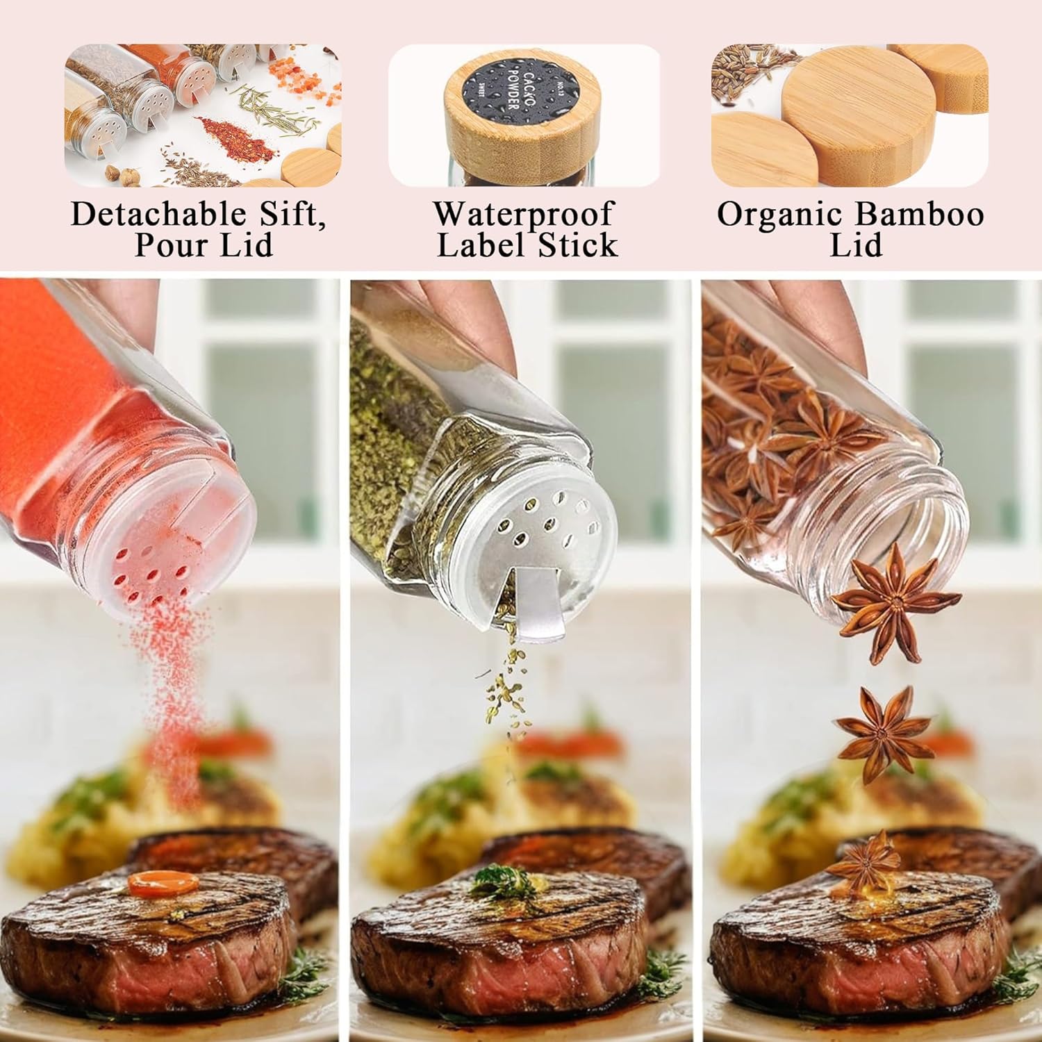 CARLA HOME 24 Glass Spice Jars with Bamboo Lids, Shaker Tops, 180 Spice Labels, White Pen & Funnel for V178-36269