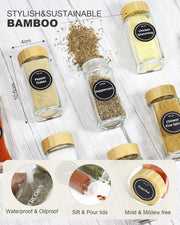 CARLA HOME 24 Glass Spice Jars with Bamboo Lids, Shaker Tops, 180 Spice Labels, White Pen & Funnel for V178-36269