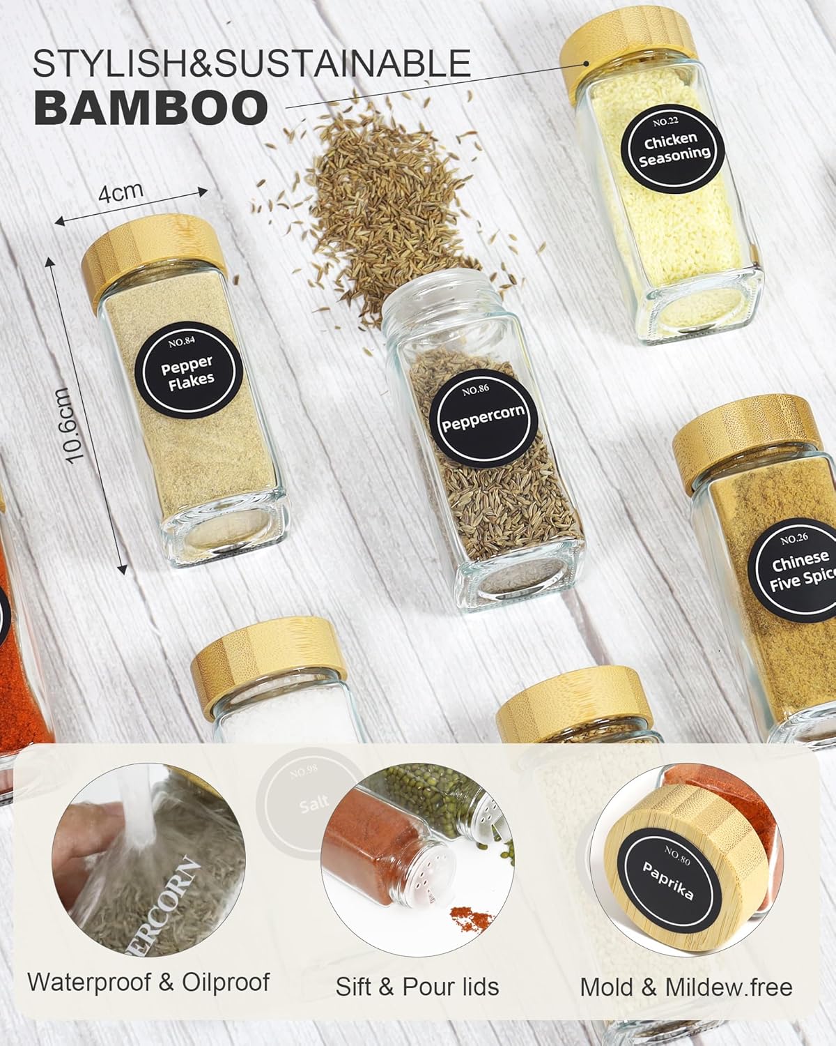 CARLA HOME 24 Glass Spice Jars with Bamboo Lids, Shaker Tops, 180 Spice Labels, White Pen & Funnel for V178-36269