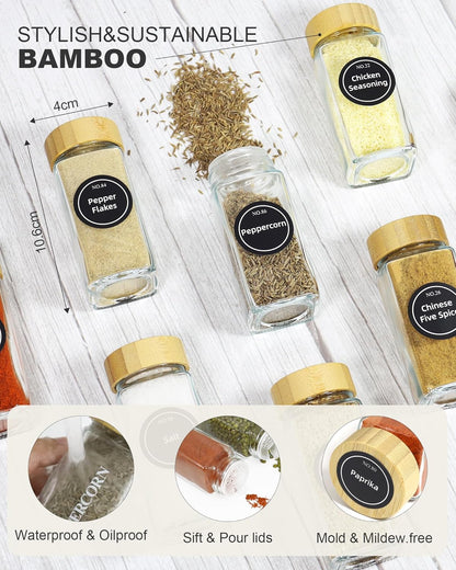 CARLA HOME 24 Glass Spice Jars with Bamboo Lids, Shaker Tops, 180 Spice Labels, White Pen & Funnel for V178-36269