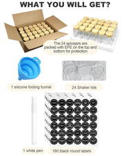 CARLA HOME 24 Glass Spice Jars with Bamboo Lids, Shaker Tops, 180 Spice Labels, White Pen & Funnel for V178-36269