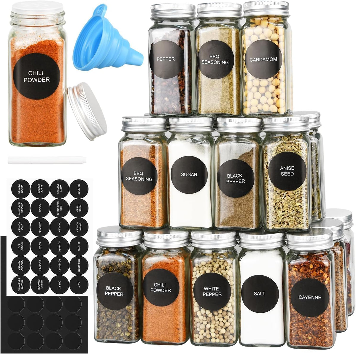 CARLA HOME 24 Glass Spice Jars with Lids, Shaker Tops, 180 Spice Labels, White Pen & Funnel for Kitchen V178-36271