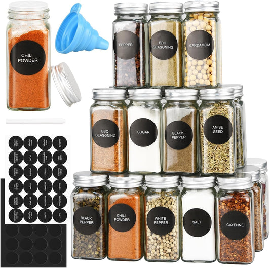 CARLA HOME 24 Glass Spice Jars with Lids, Shaker Tops, 180 Spice Labels, White Pen & Funnel for Kitchen V178-36271
