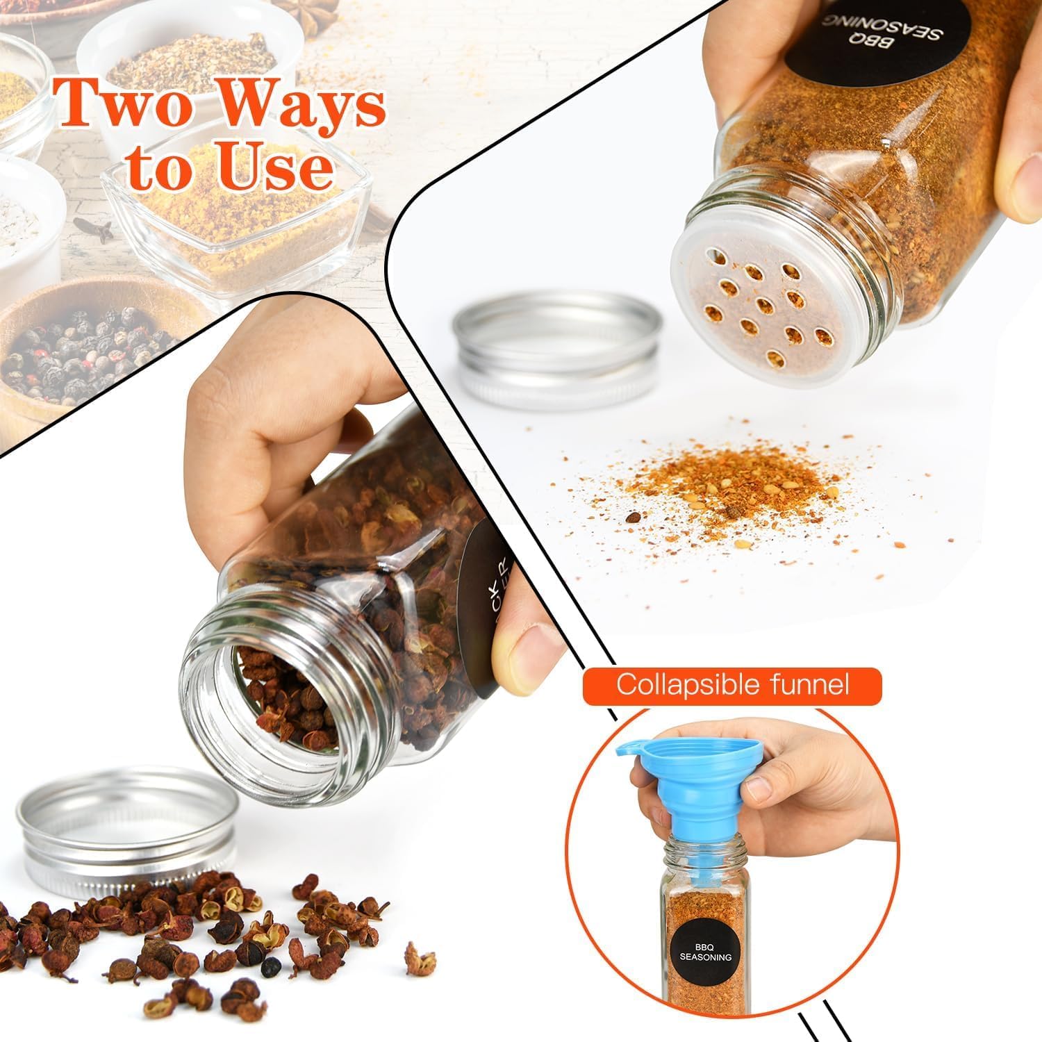 CARLA HOME 24 Glass Spice Jars with Lids, Shaker Tops, 180 Spice Labels, White Pen & Funnel for Kitchen V178-36271