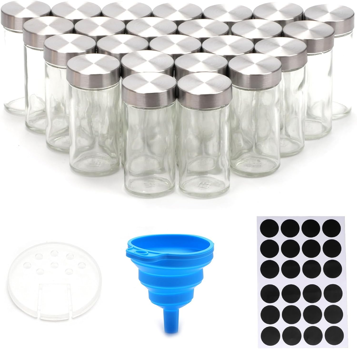 CARLA HOME 24 Glass Spice Jars with Lids, Shaker Tops, 180 Spice Labels, White Pen & Funnel for Kitchen V178-36271