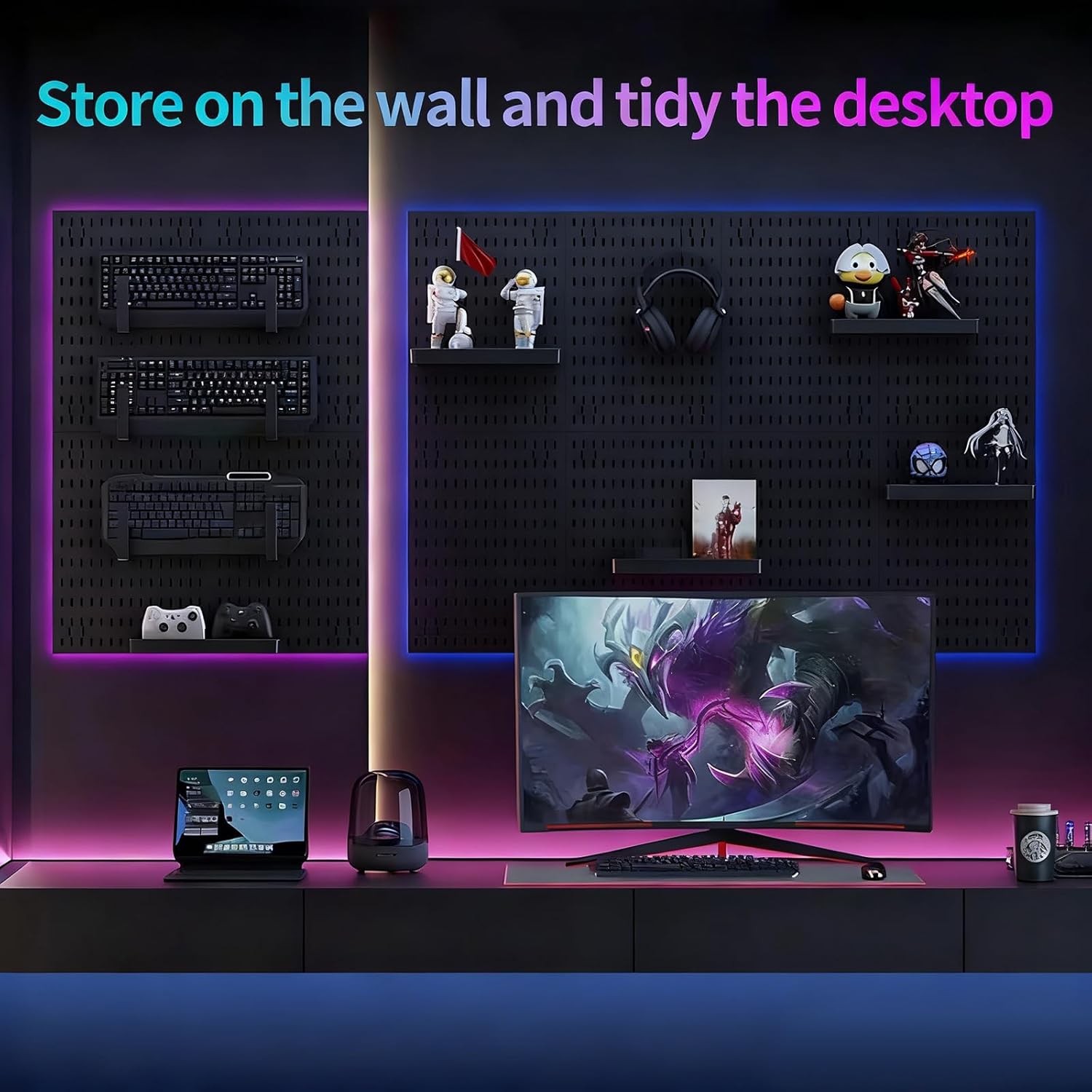 CARLA HOME Pegboard Wall Organizer Kit with 4 Modular Black Pegboards & 19 Accessories for Gaming, Office & V178-36276