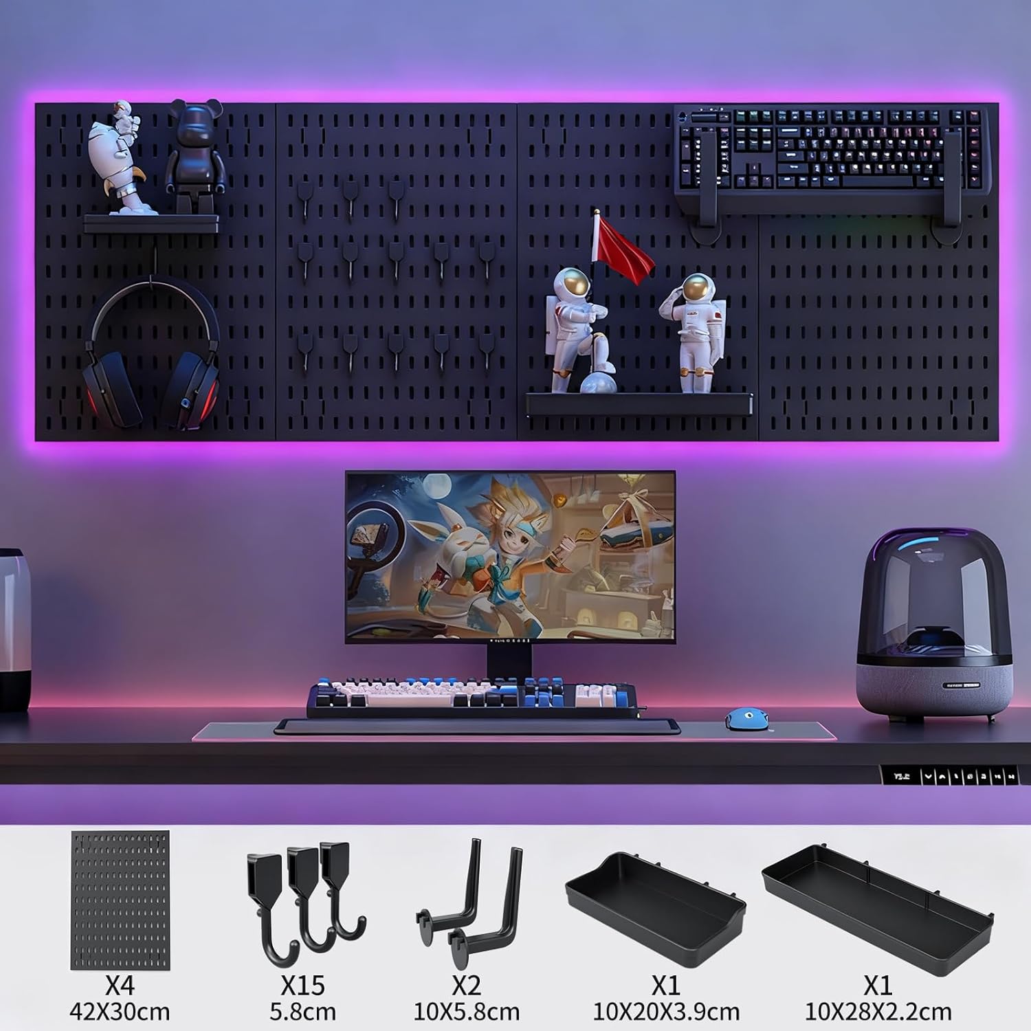 CARLA HOME Pegboard Wall Organizer Kit with 4 Modular Black Pegboards & 19 Accessories for Gaming, Office & V178-36276
