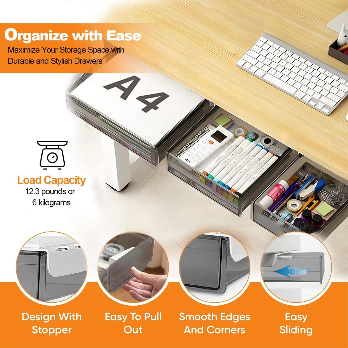 CARLA HOME 3-Pack Under Desk Storage Drawers Hidden Pull-Out Organizer for Office & Home V178-36282