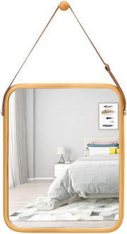 CARLA HOME Hanging Wall Mirror with Bamboo Frame with Adjustable Leather Strap for Bathroom, Bedroom, Vanity V178-36293