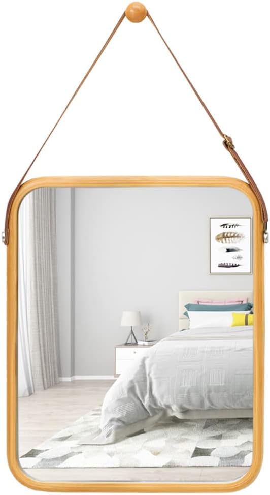 CARLA HOME Hanging Wall Mirror with Bamboo Frame with Adjustable Leather Strap for Bathroom, Bedroom, Vanity V178-36293