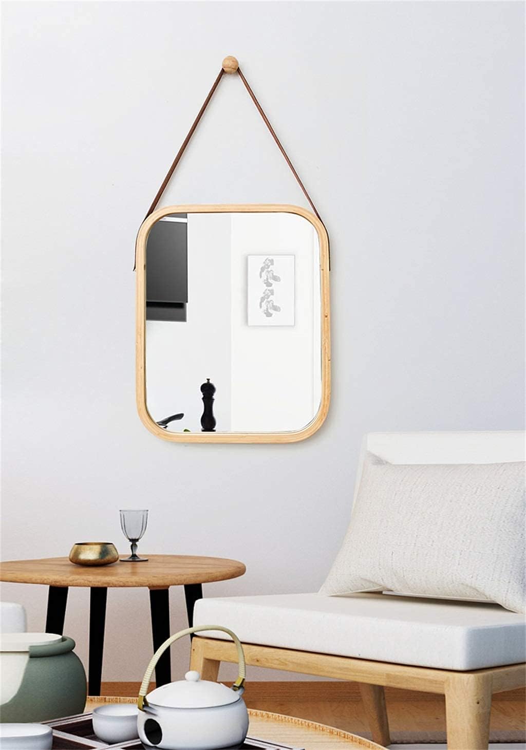 CARLA HOME Hanging Wall Mirror with Bamboo Frame with Adjustable Leather Strap for Bathroom, Bedroom, Vanity V178-36293