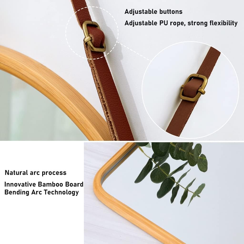CARLA HOME Hanging Wall Mirror with Bamboo Frame with Adjustable Leather Strap for Bathroom, Bedroom, Vanity V178-36293