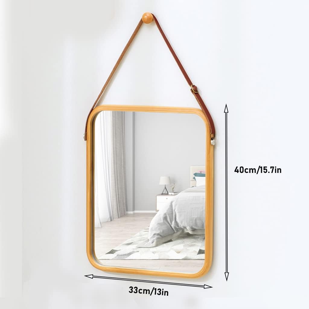 CARLA HOME Hanging Wall Mirror with Bamboo Frame with Adjustable Leather Strap for Bathroom, Bedroom, Vanity V178-36293