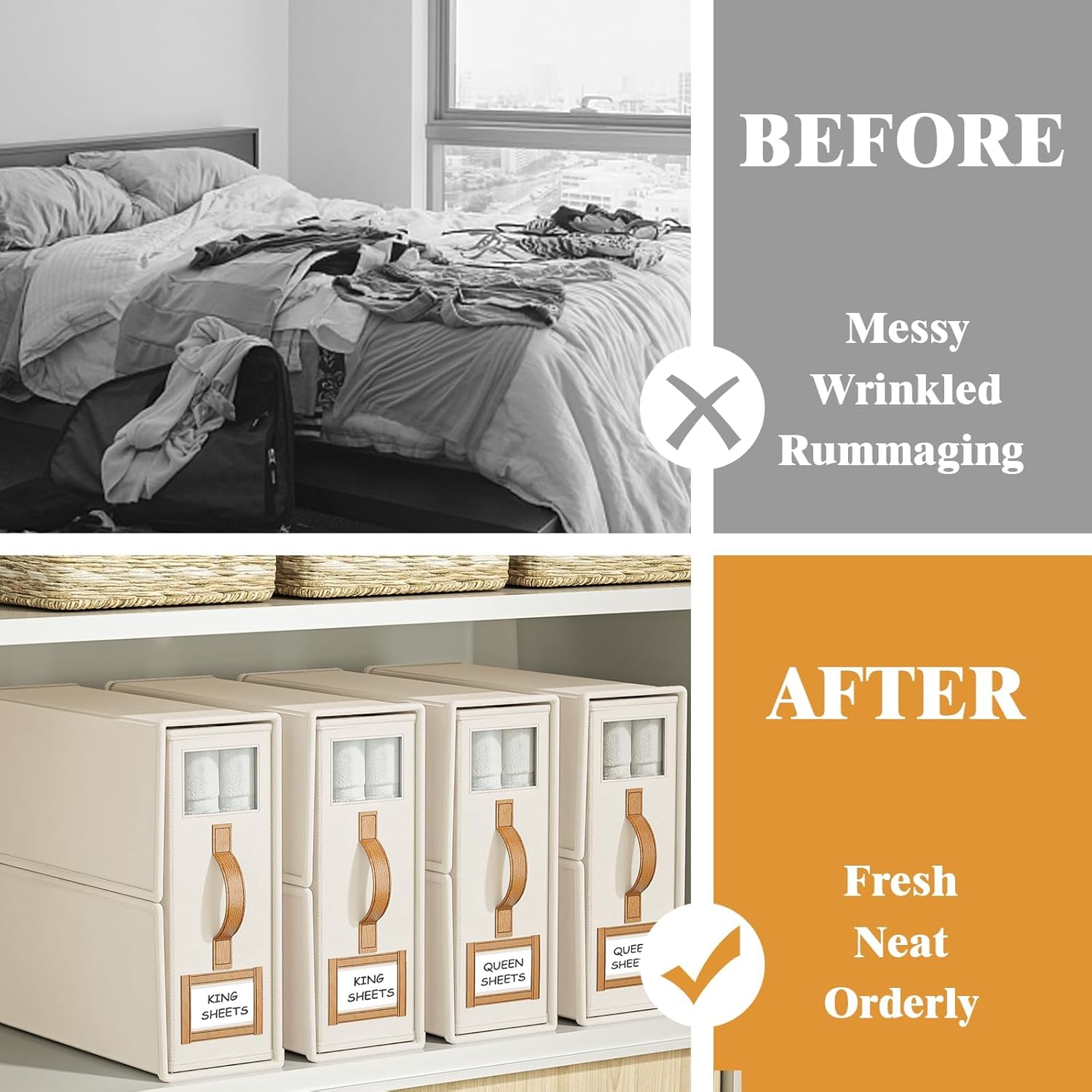 CARLA HOME Bed Sheet Organizer Set of 4 with Handle & Window for Covers, Pillowcases, Blankets, Clothes & V178-36302