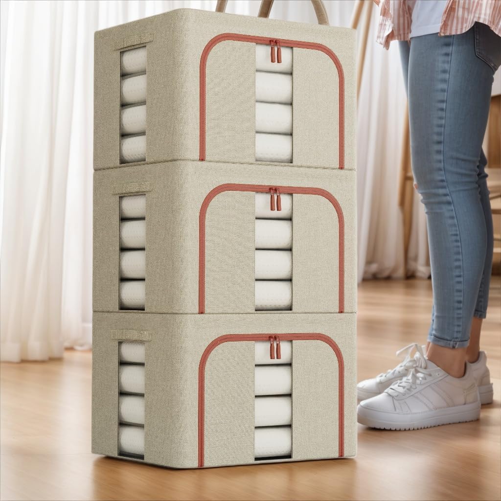 CARLA HOME 3 pack Large Clothes Storage Bins with Lids for Clothing, Bedding, Blankets, Toys (66L capacity - V178-36308