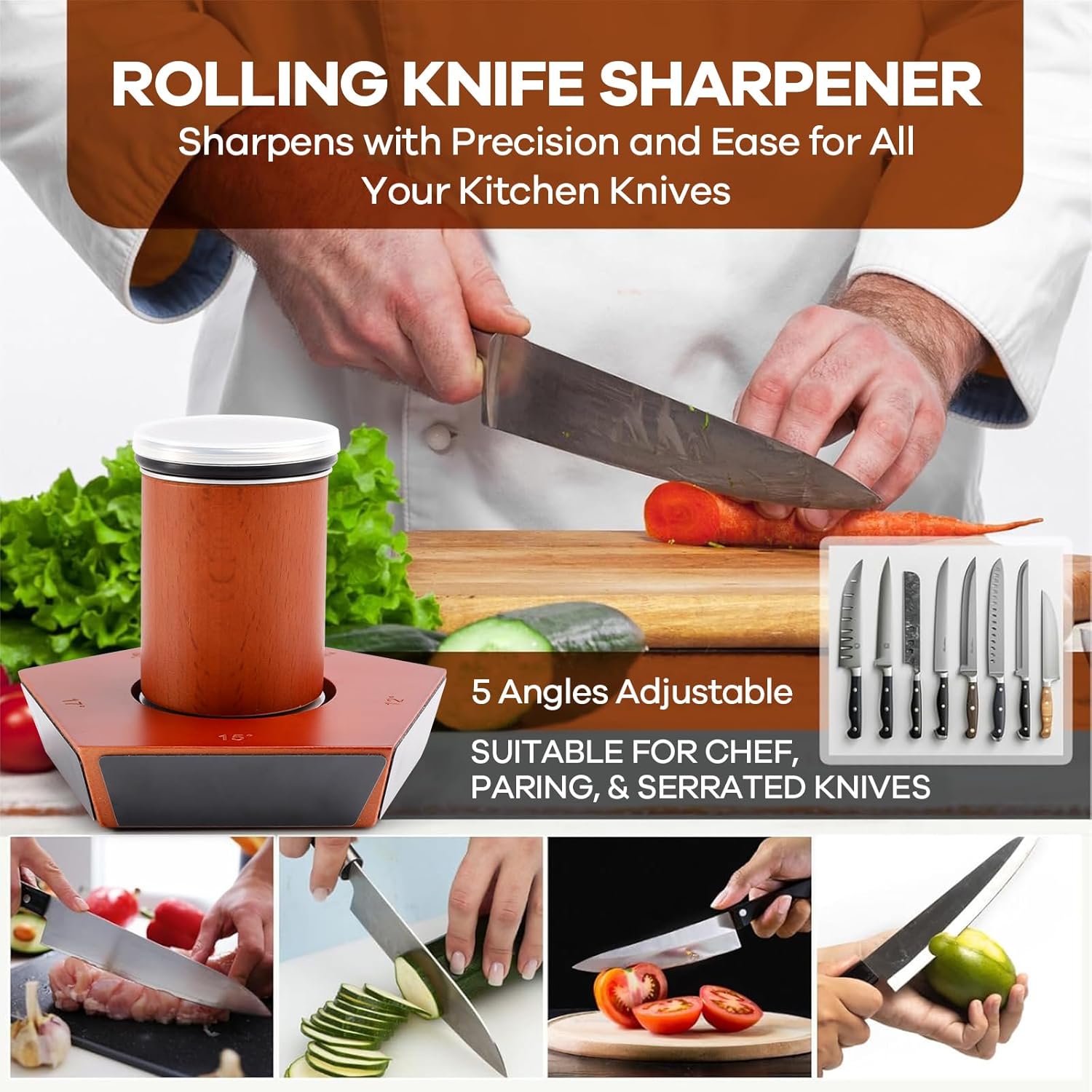 CARLA HOME Rolling Knife Sharpener Kit with 5 Magnetic Angles (12 degrees/15 degrees/17 degrees/19 degrees/22 V178-36310