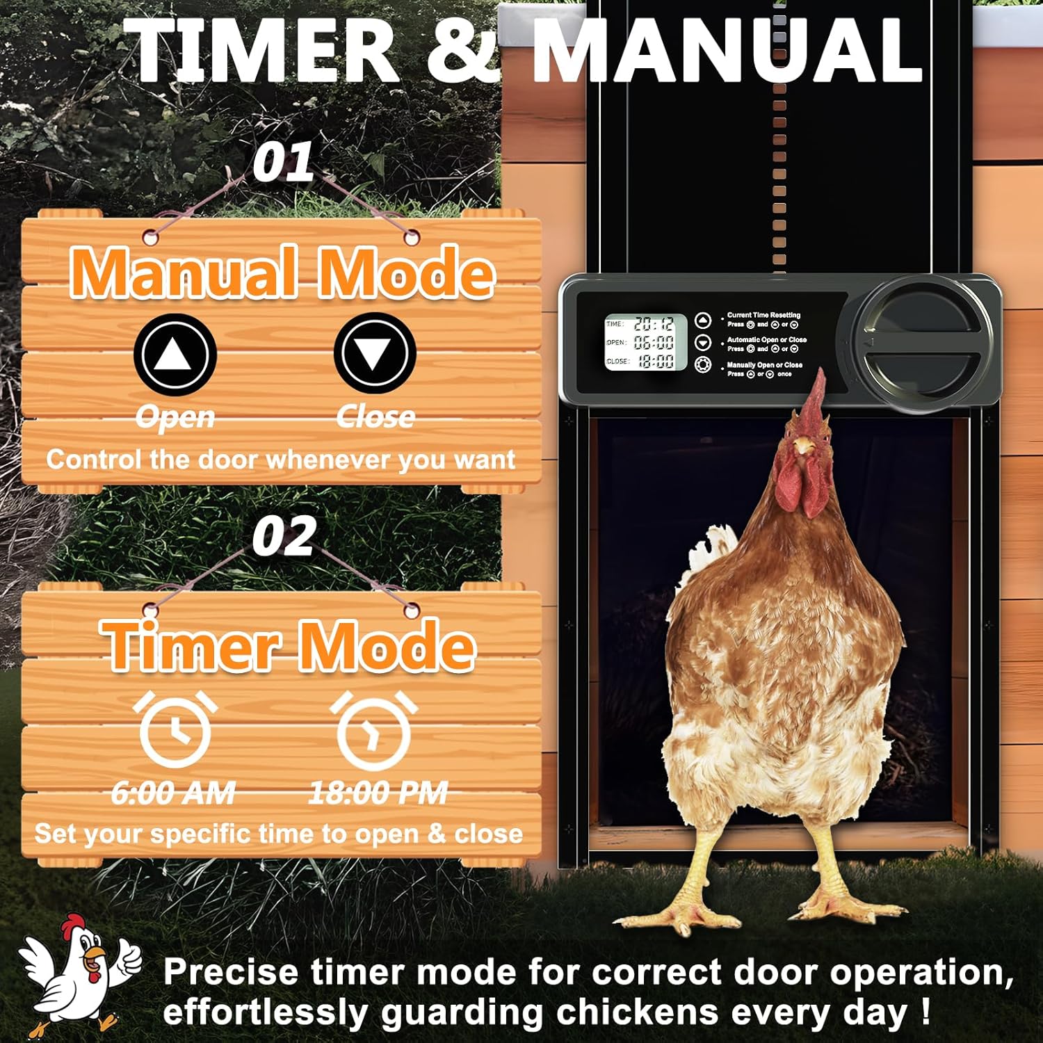 CARLA HOME Automatic Chicken Coop Door Opener with Timer Control, Anti-Pinch Protection, LCD Display & V178-36314