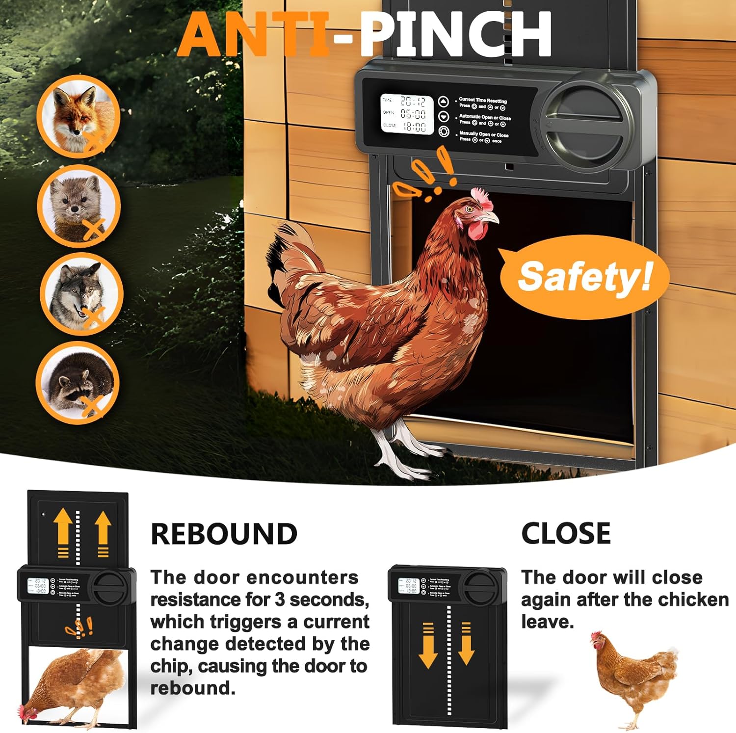 CARLA HOME Automatic Chicken Coop Door Opener with Timer Control, Anti-Pinch Protection, LCD Display & V178-36314