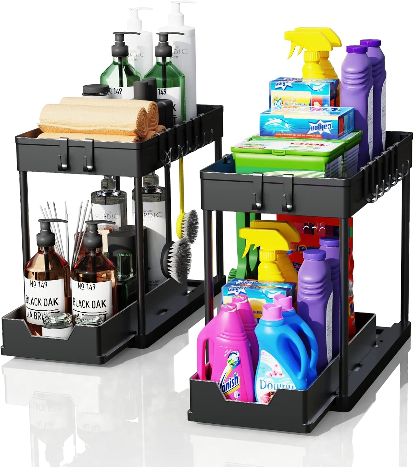 CARLA HOME 2 Pack Under Sink Organizer with Pull-Out Basket and Hooks for Bathroom & Kitchen V178-36318