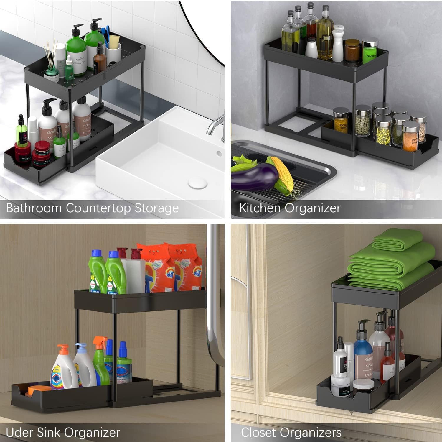 CARLA HOME 2 Pack Under Sink Organizer with Pull-Out Basket and Hooks for Bathroom & Kitchen V178-36318