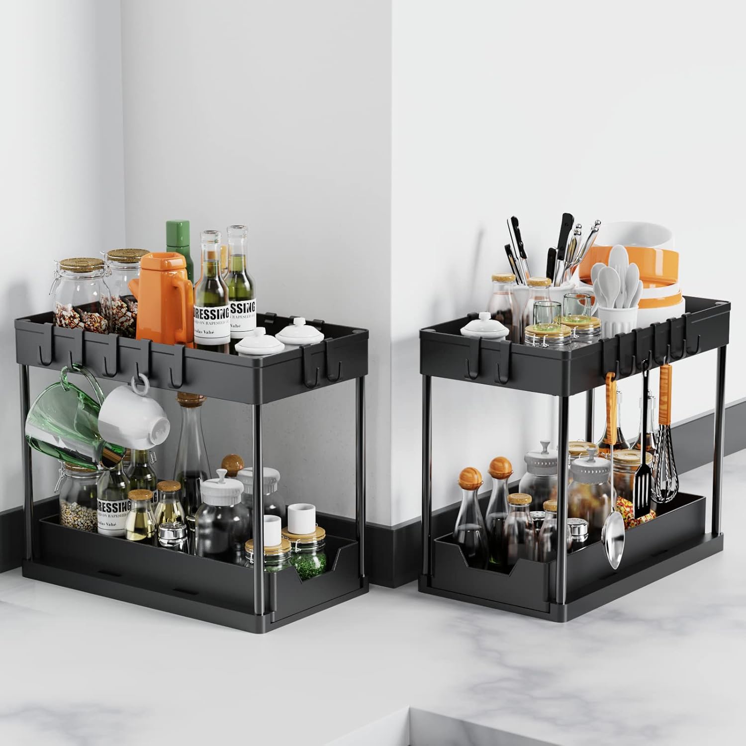 CARLA HOME 2 Pack Under Sink Organizer with Pull-Out Basket and Hooks for Bathroom & Kitchen V178-36318