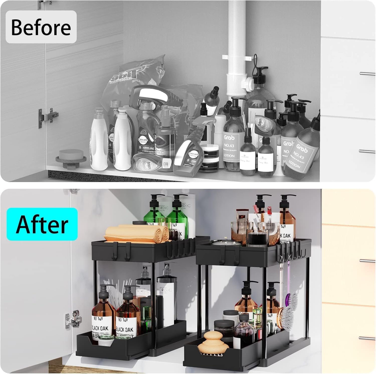 CARLA HOME 2 Pack Under Sink Organizer with Pull-Out Basket and Hooks for Bathroom & Kitchen V178-36318