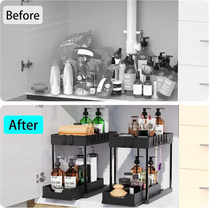 CARLA HOME 2 Pack Under Sink Organizer with Pull-Out Basket and Hooks for Bathroom & Kitchen V178-36318