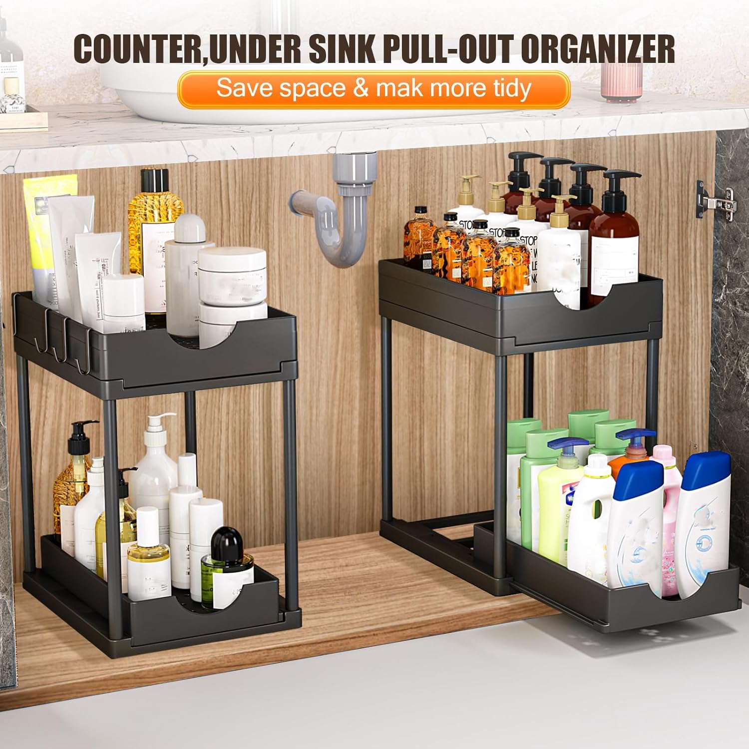 CARLA HOME 2 Pack Under Sink Organizer with Pull-Out Basket and Hooks for Bathroom & Kitchen V178-36318