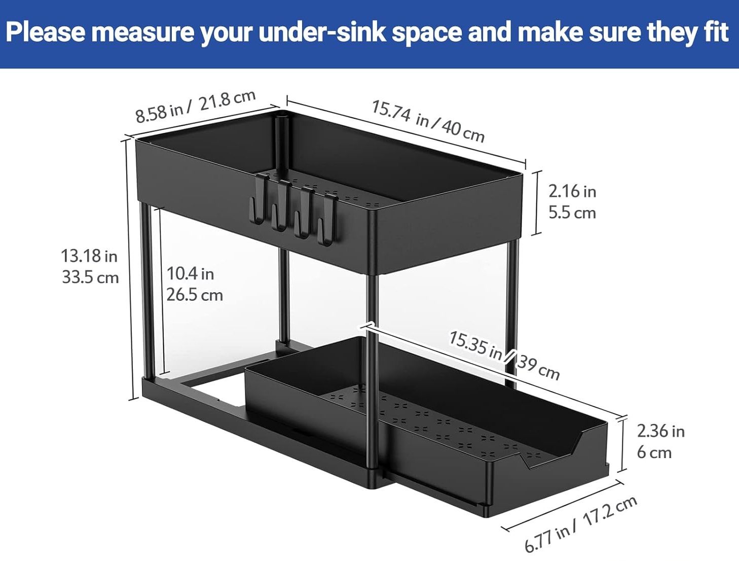 CARLA HOME 2 Pack Under Sink Organizer with Pull-Out Basket and Hooks for Bathroom & Kitchen V178-36318