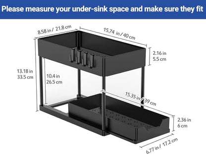 CARLA HOME 2 Pack Under Sink Organizer with Pull-Out Basket and Hooks for Bathroom & Kitchen V178-36318