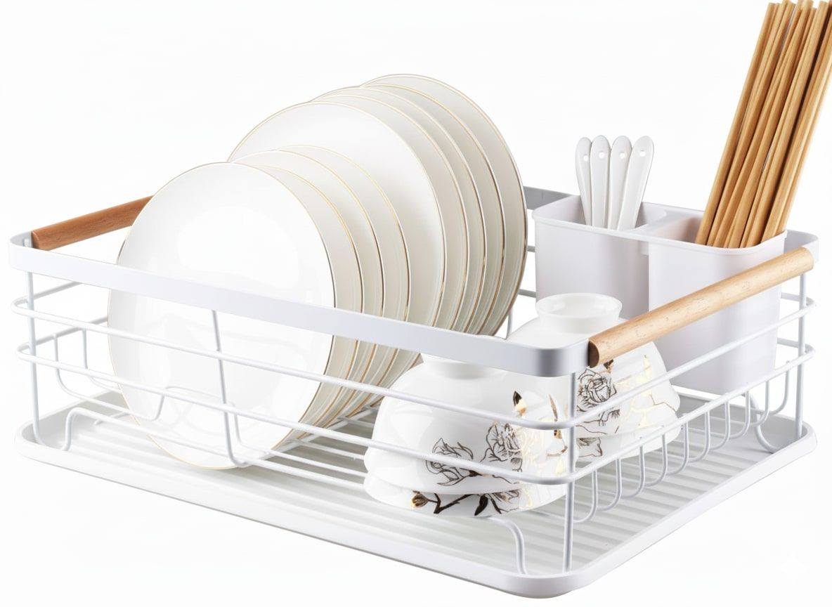 CARLA HOME Dish Drying Rack with Wooden Handles, Removable Cutlery Holder & Drainboard for Kitchen Countertop V178-36323