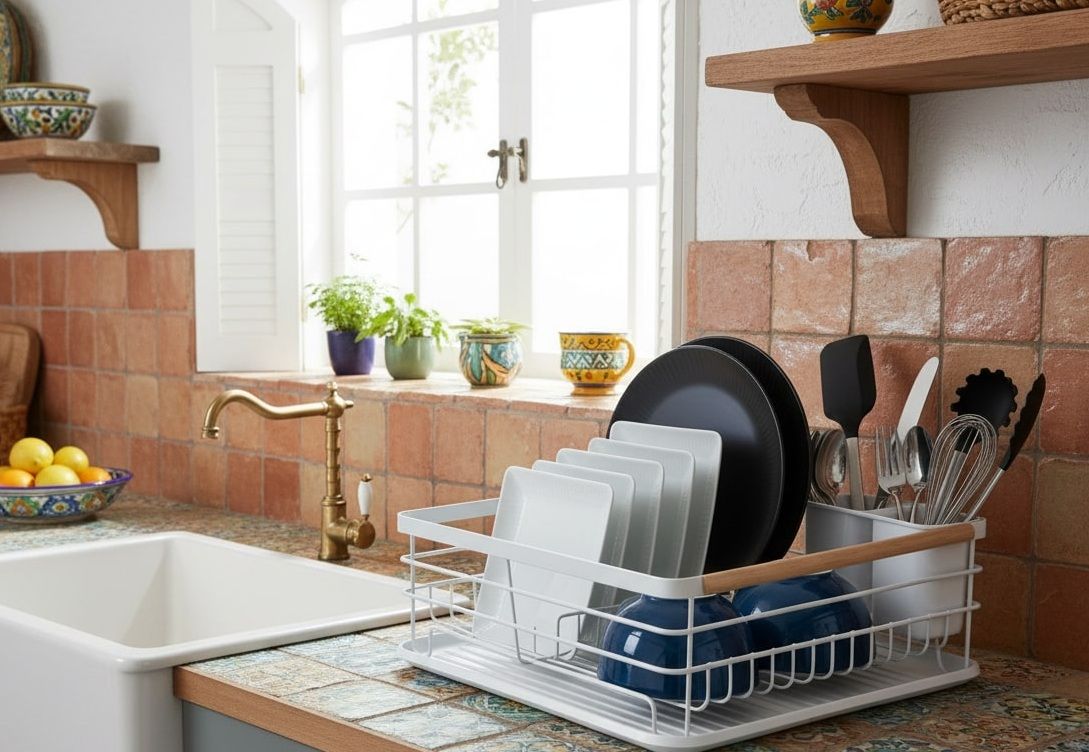CARLA HOME Dish Drying Rack with Wooden Handles, Removable Cutlery Holder & Drainboard for Kitchen Countertop V178-36323
